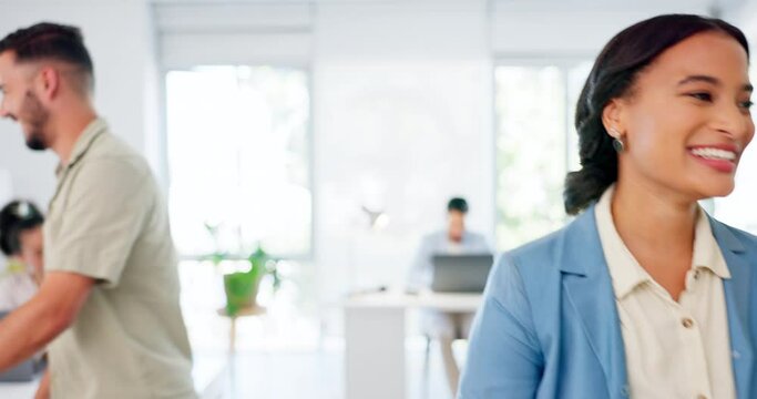 Office, high five and men greeting woman at work with smile walking in lobby of creative startup together. Hello, business friends and excited employees greet with hands, happy partner and friendship