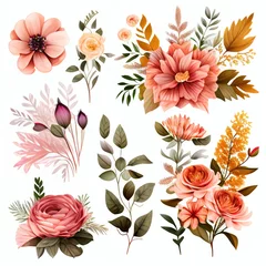 Plexiglas foto achterwand Watercolor flowers set. Collection of decorative elements bright colorful flowers, leaves, grass, hand drawn with watercolors. Decoration Watercolor flowers isolated. Generative AI © megavectors