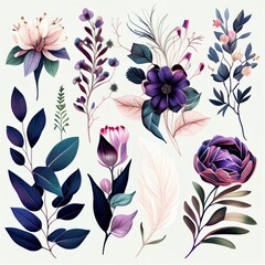 Watercolor flowers set. Collection of decorative elements bright colorful flowers, leaves, grass, hand drawn with watercolors. Decoration Watercolor flowers isolated. Generative AI