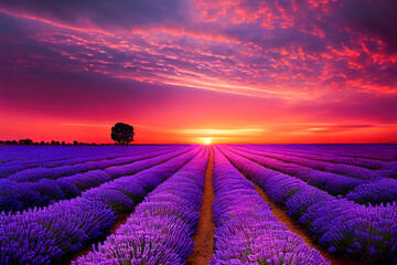 Fototapeta na wymiar lavender field in holland against a dramatic sky. 3d illustration. Generative AI