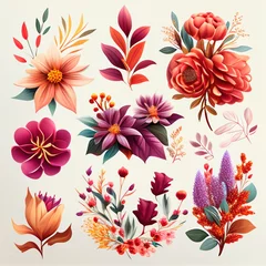 Plexiglas foto achterwand Watercolor flowers set. Collection of decorative elements bright colorful flowers, leaves, grass, hand drawn with watercolors. Decoration Watercolor flowers isolated. Generative AI © megavectors