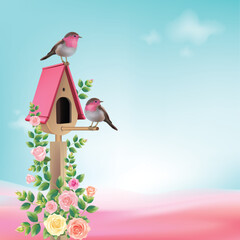Pink birdhouse with birds, couples, framed by roses.