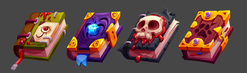 Magic spell books, mystic alchemy grimoires, closed wizard diary with skull, paw print, crystal and all-seeing eye on covers. Witchcraft fairy tale game ancient esoteric volumes, Cartoon Vector set © klyaksun