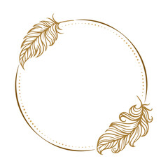 Vector boho style feathers round frame on the white background