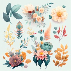 Watercolor flowers set. Collection of decorative elements bright colorful flowers, leaves, grass, hand drawn with watercolors. Decoration Watercolor flowers isolated. Generative AI