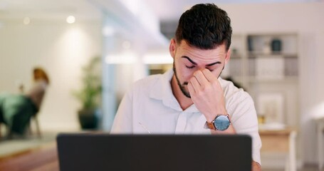 Business, laptop and man with stress, deadline and new project with schedule, anxiety or headache in office. Male employee, agent or consultant remove glasses, device with glitch or anxious with idea