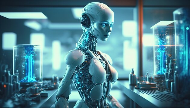 Cyborg Nuse in hospital, laboratory, futuristic created with generative ai technology