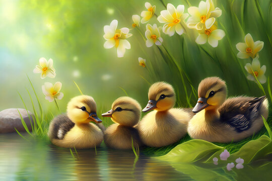 adorable ducklings on a lake in a springtime meadow, generative ai