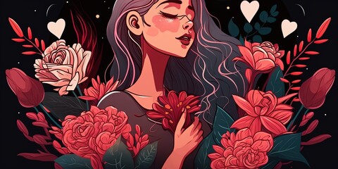 illustration of a girl with flowers,  valentine's day celebration illustration with woman and flowers