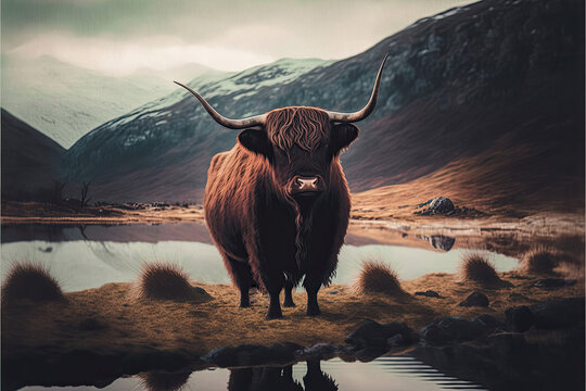 highland cow with horns standing in front of lake with snow covered mountains in background, AI assisted finalized in Photoshop by me