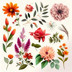 Tuinposter Watercolor flowers set. Collection of decorative elements bright colorful flowers, leaves, grass, hand drawn with watercolors. Decoration Watercolor flowers isolated. Generative AI © megavectors