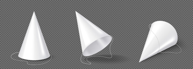 Party hats, white birthday caps mockup in different angle view. Carton cones with elastic for anniversary celebration isolated on transparent background, Realistic 3d vector illustration, icons set