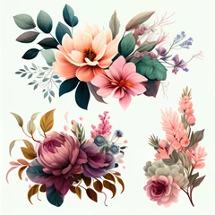 Wandcirkels tuinposter Watercolor flowers set. Collection of decorative elements bright colorful flowers, leaves, grass, hand drawn with watercolors. Decoration Watercolor flowers isolated. Generative AI © megavectors