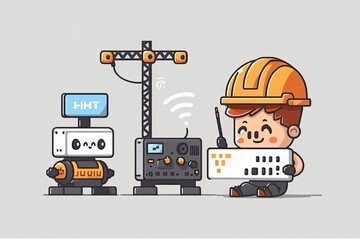 Fototapeta na wymiar Cute cartoon characters, factory and working person using wifi technology to control, maintenance worker, vector illustration, white background, Made by AI,Artificial intelligence