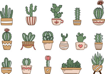 Cute cactus in flower pots set