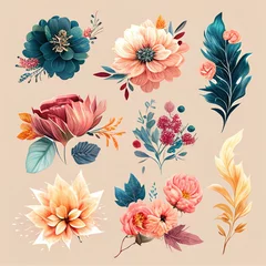 Meubelstickers Watercolor flowers set. Collection of decorative elements bright colorful flowers, leaves, grass, hand drawn with watercolors. Decoration Watercolor flowers isolated. Generative AI © megavectors