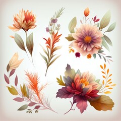 Watercolor flowers set. Collection of decorative elements bright colorful flowers, leaves, grass, hand drawn with watercolors. Decoration Watercolor flowers isolated. Generative AI