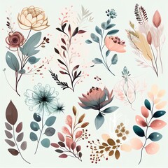 Watercolor flowers set. Collection of decorative elements bright colorful flowers, leaves, grass, hand drawn with watercolors. Decoration Watercolor flowers isolated. Generative AI