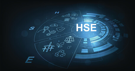Health Safety Environment (HSE )concept.Health Safety Environment for Standard safe industrial work. HSE Icon Set on dark blue background.