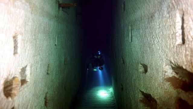 Budapest - 17 August 2017: Technical diver in the underwater cave of Budapest