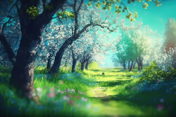 Obraz premium Beautiful blurred spring background nature with blooming glade, trees and blue sky on a sunny day