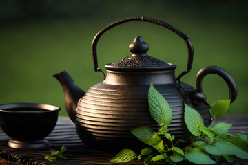 Obraz na płótnie Canvas Black iron asian teapot with sprigs of mint for tea