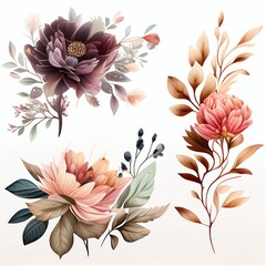 Watercolor flowers set. Collection of decorative elements bright colorful flowers, leaves, grass, hand drawn with watercolors. Decoration Watercolor flowers isolated. Generative AI