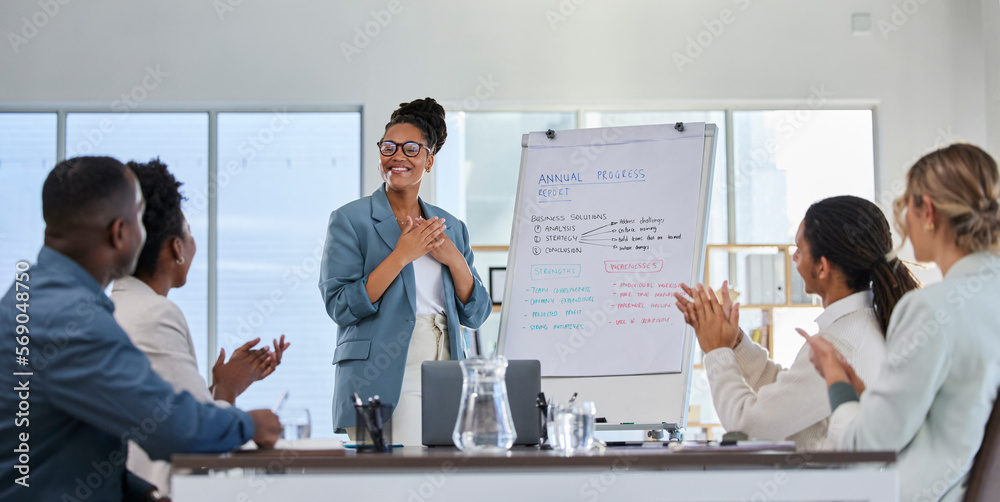 Poster Business presentation, proud black woman and office training with success and clapping from crowd. Management, conference room and sales team working on a speaker coaching on innovation strategy