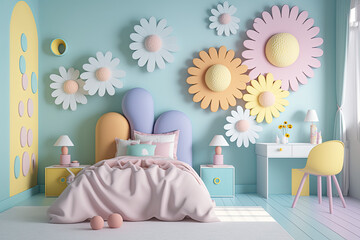 modern bedroom decoration with squishy huge flowers decorating the walls, generative ai illustration with soft colors