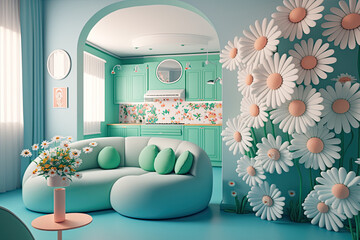 modern living room with squishy huge gerbera flowers decorating the walls, generative ai illustration with soft colors