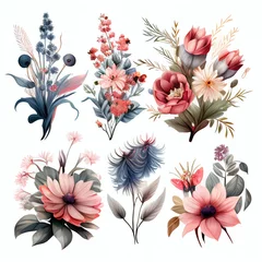 Gordijnen Watercolor flowers set. Collection of decorative elements bright colorful flowers, leaves, grass, hand drawn with watercolors. Decoration Watercolor flowers isolated. Generative AI © megavectors