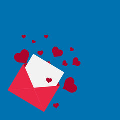 Vector image, background. Letter, red envelope with a sheet of paper and red hearts on a blue background. Valentine, postcard, invitation. Graphic design.