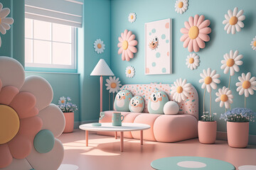 interior of a room decorated with giant daisy flowers in squishy 3d render style, generative ai illustration, pastel soft colors