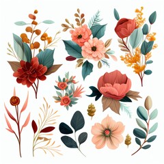 Watercolor flowers set. Collection of decorative elements bright colorful flowers, leaves, grass, hand drawn with watercolors. Decoration Watercolor flowers isolated. Generative AI