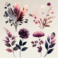 Fototapeta na wymiar Watercolor flowers set. Collection of decorative elements bright colorful flowers, leaves, grass, hand drawn with watercolors. Decoration Watercolor flowers isolated. Generative AI