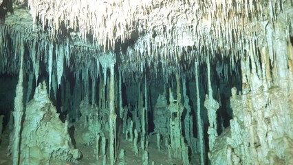 Underwater stalactites in the cenotes in caves of Mexico. Diving in the cenotes.