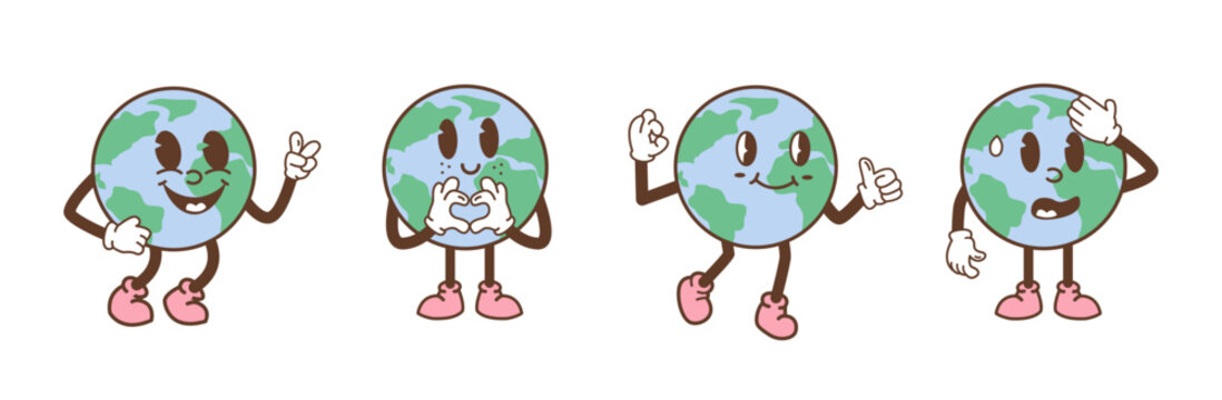 Set of earth characters in trendy retro cartoon style. Funny comic globe with different face expression. Vintage planet mascot with arms and legs. Vector illustration isolated on white background.
