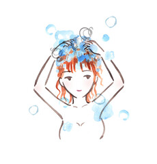 髪を洗う女性の水彩イラスト