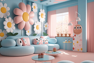interior of a room decorated with giant daisy flowers in squishy 3d render style, generative ai illustration, pastel soft colors