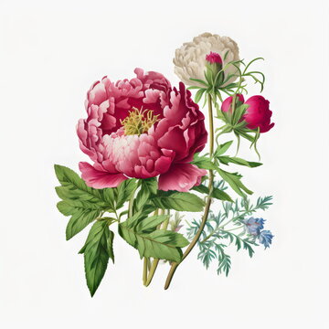 Vintage botanical style illustration of a bunch of flowers, generative ai	
