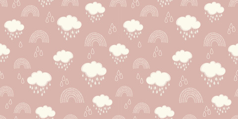 Hand-drawn baby seamless pattern with cute white neutral pastels clouds, rain and rainbow on a pink background.