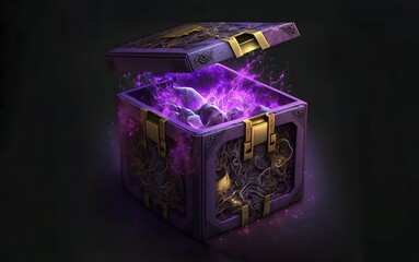 Obraz premium Purple color open mystical box gift inside, some glowing crystals