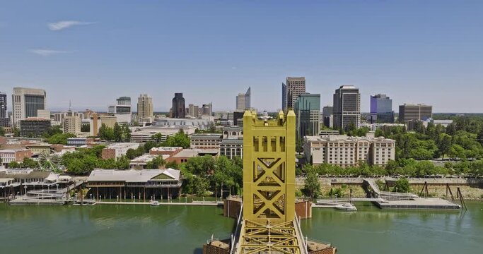 Sacramento City California Aerial v14 low flyover iconic tower bridge leading to capitol mall towards capitol building on the east end capturing downtown cityscape - Shot with Mavic 3 Cine - June 2022