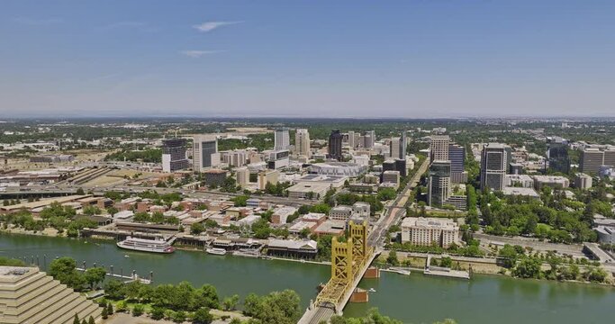 Sacramento City California Aerial v18 panoramic view fly around on the west side capturing iconic landmark tower bridge and downtown cityscape across the river - Shot with Mavic 3 Cine - June 2022