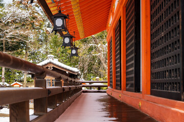 Corridor of Yasaka Shrine with snow in winter. Gion Shrine. Kyoto, Japan.
