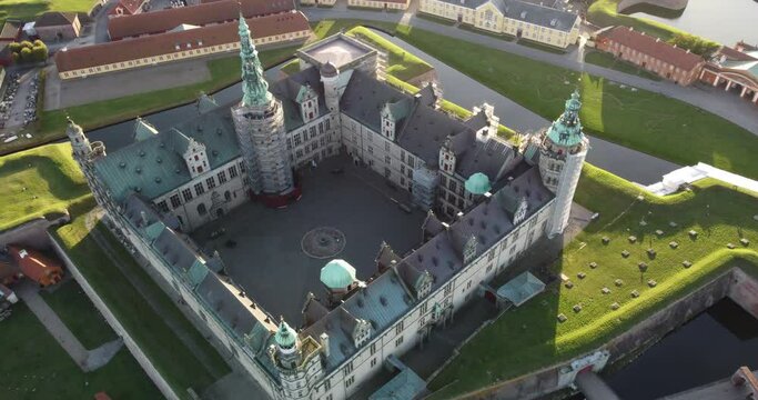 Kronborg Castle with its Renaissance style can be appreciated from an aerial view. It is located in denmark.