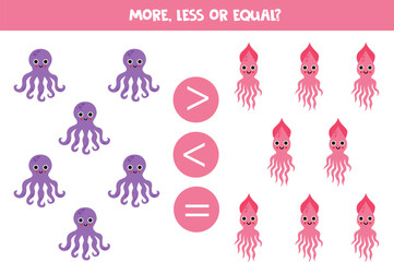 More, less or equal with cartoon octopus and squid.
