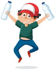 A boy holding plastic bottles