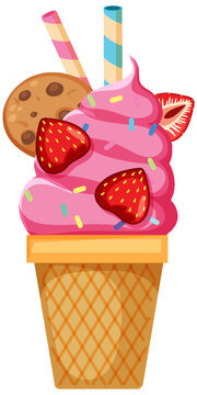 Strawberry ice cream cone with toppings