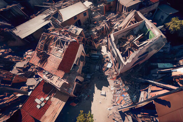 Naklejka na ściany i meble Aftermath of a devastating earthquake in the city center of Turkey. Walls have crumbled, roofs have collapsed, and debris is scattered throughout the area. destruction widespread and complete, ai